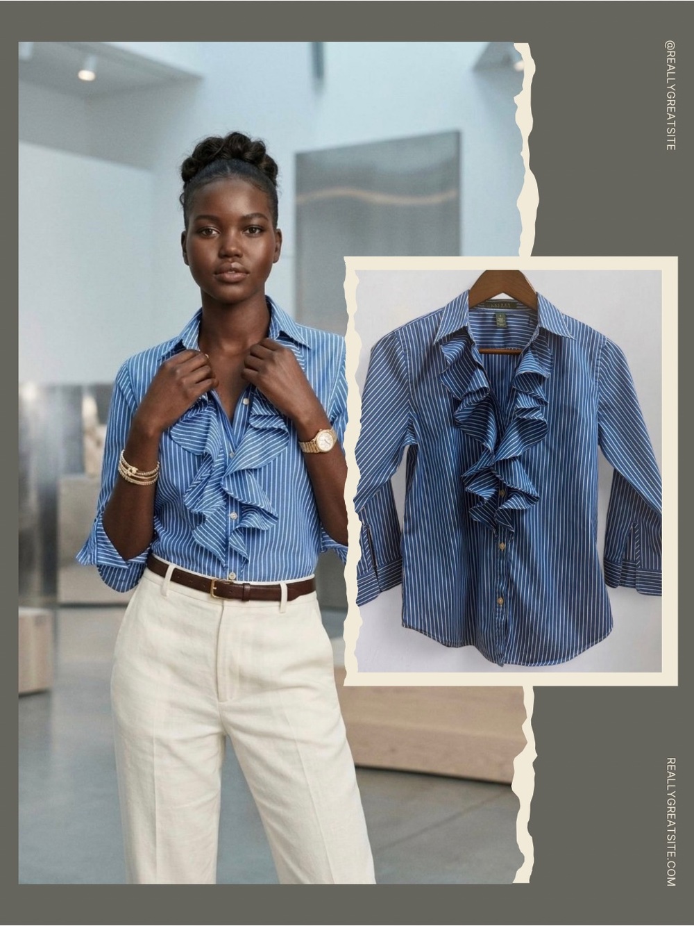 Lauren Ralph Lauren Blue & White Striped Ruffle Button-Down Shirt